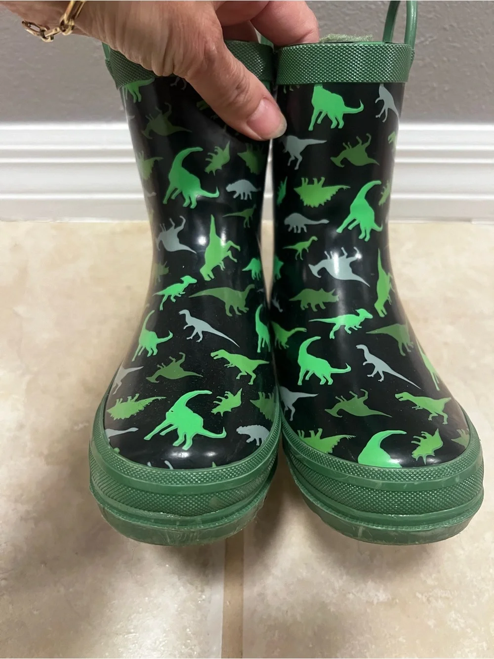Kids' Lily and Dan Black Rain Boots with Green Dinosaur Print, size 11-12